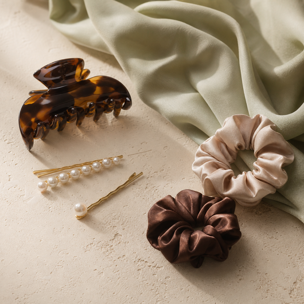 Curated Shelynn hair accessories arranged on a warm neutral surface